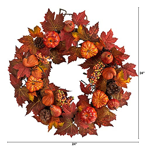 Nearly Natural 24In. Autumn Maple Leaves, Pumpkin, Pinecone And Berries Artificial Fall Wreath