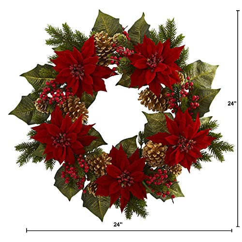 Nearly Natural 24In. Poinsettia, Berry And Golden Pinecone Artificial Wreath