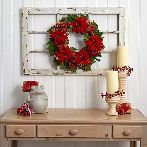 Nearly Natural 24In. Poinsettia, Berry And Golden Pinecone Artificial Wreath