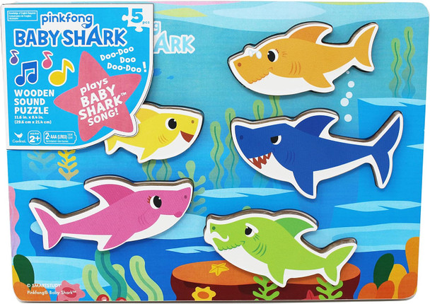 Spin Master Games, Pinkfong Baby Shark Musical Wooden Sound Puzzle, Plays Viral Song, 5 Pieces, Toddler Toys, For Ages 2 & Up