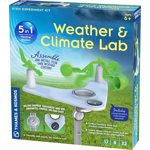 Thames & Kosmos Weather & Climate Lab Stem Experiment Kit, 5-In-1 Weather & Meteorology Station W/Wind Vane, Compass, Rain Gauge, Anemometer & Thermometer For Ages 6+, Includes Stake For Outdoor Use