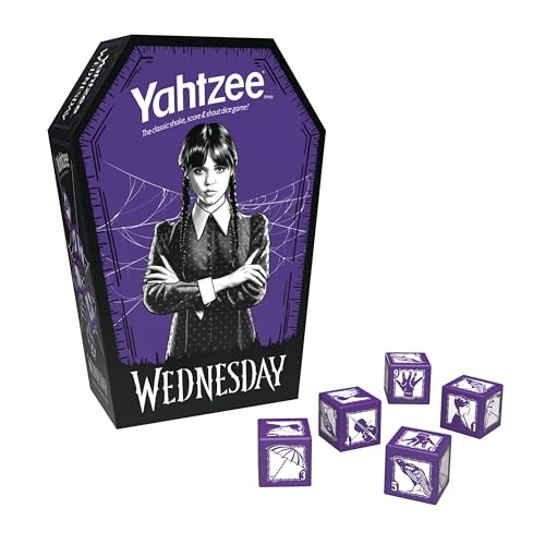 Usaopoly Yahtzee: Wednesday Dice Game, Collectible Flocked Interior Coffin Dice Cup, Classic Game Based On Addams Family Character Wednesday Addams, Officially Licensed Wednesday Game & Merchandise