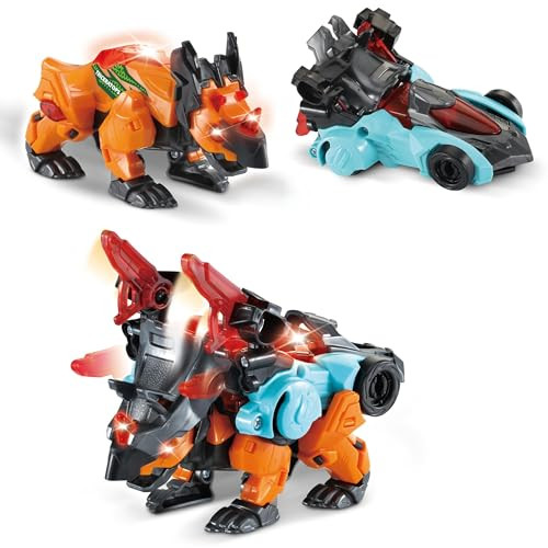 Vtech Switch & Go Dinos - Combo Triceratops - 2-In-1 Dino Car Toy Figure With Simm, Sound And Light Effects - Includes Triceratops Fact Card - For Children Aged 3-8 Years