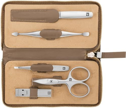 Zwilling Beauty Twinox 5-Pc Manicure And Pedicure Cowhide Leather Case With Snap Closure, Nail Care Kit, Premium Travel Nail Kit, Taupe