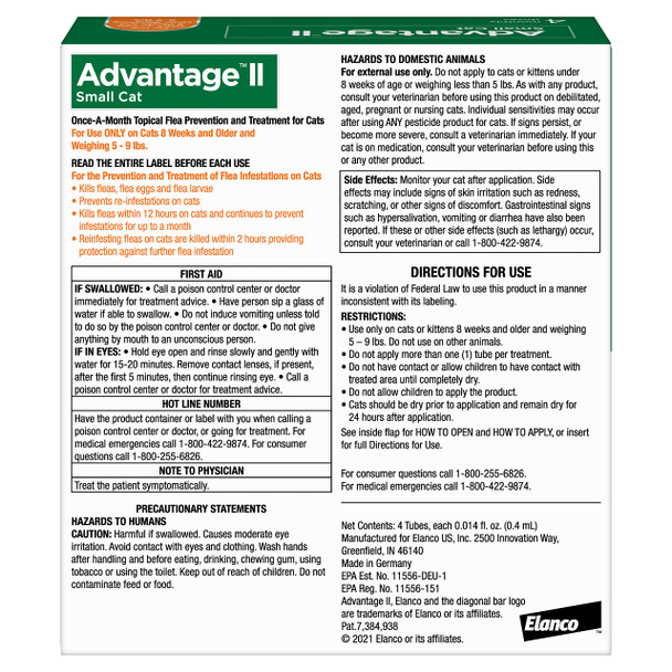 Advantage Ii Small Cat Vet-Recommended Flea Treatment & Prevention Cats 5-9 Lbs. 4-Month Supply