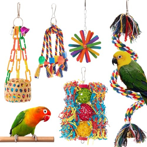 Afuower Bird Toys Parakeet Toy Parrot Chewing Shredding Foraging Toys With Rope Perch Hanging Toys Bird Cage Accessories For Cockatiel Conure Budgies Lovebird 5 Pack
