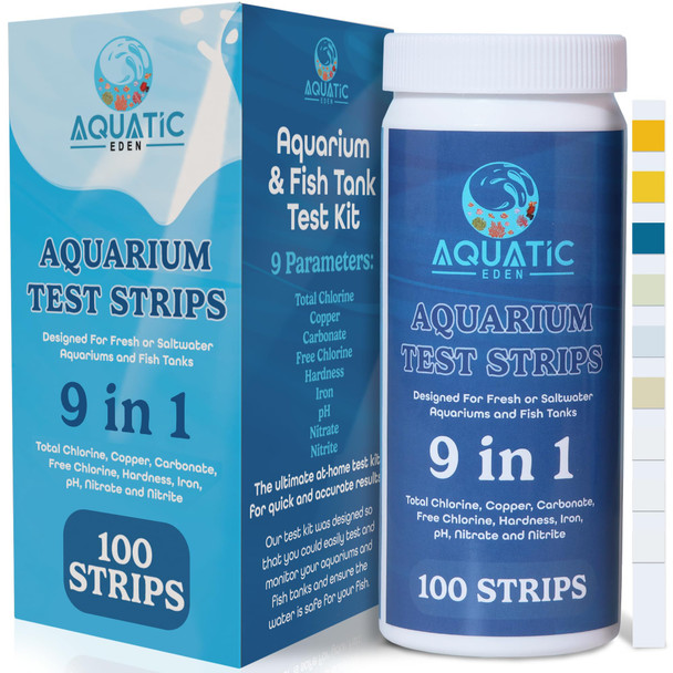 Aquatic Eden 9-In-1 Aquarium Water Test Kit - 100 Freshwater & Saltwater Test Strips Fish Tank Kit For Ph Nitrate Nitrite Hardness Chlorine Iron Copper Alkalinity Carbonate Quick & Reliable Results