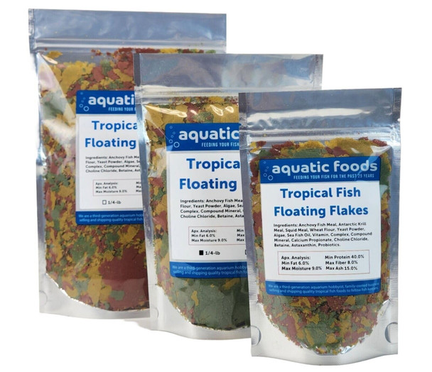 Aquatic Foods Inc. Tropical Fish Flakes Mix Of Krill Color Enhancing Spirulina Flakes For Cichlids Angels Tetras Guppies. 12-Type Pellet Mix & 4-Type Wafers Included...Wl 1/2-Lb Foil Bag