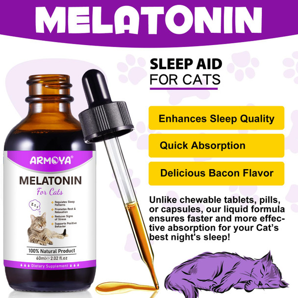 Armoya Cat Melatonin - Melatonin For Cats - Cat Calming Treats- Cat Sedative For Grooming - Helps To Support Restful Sleep For Your Cat - Cat Sleep Aid - Anxiety Relief For Cats
