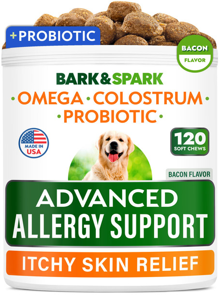 Bark&Spark Dog Allergy Relief Chews (180 Treats) - Anti-Itch Skin & Coat Supplement - Omega 3 Fish Oil - Itchy Skin Relief Treatment Pills - Itching&Paw Licking - Dry Skin & Hot Spots - Chicken Liver