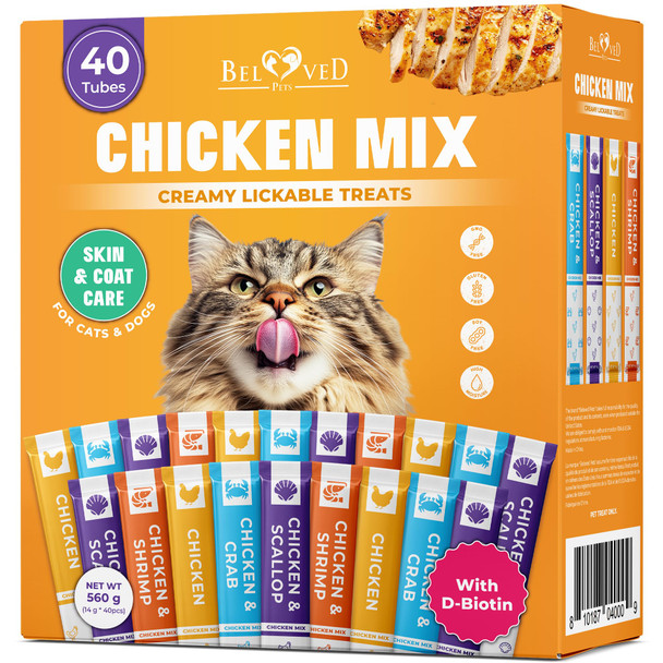 Beloved Pets Creamy Lickable Cat Treats & Wet Squeeze Tubes Ãƒ¢Ã‚Š¬Ã‚‚¬Å’ Chicken Mix Liquid Cat Snacks Skin & Coat Care Multivitamin Treats For Cats & Small Dogs Lick Up (10 Ounce (Pack Of 1) Chicken Mix 40 Sticks)
