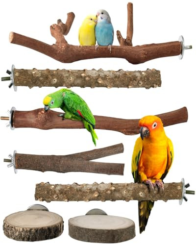 Bissap Bird Perch Stand 7Pcs Natural Grape Wood Pole Standing Parrot Cage Branch Paw Grinding Fork Parakeet Platform Hammock For Conures Budgies Finches Cockatiels Small Birds Exercise Training