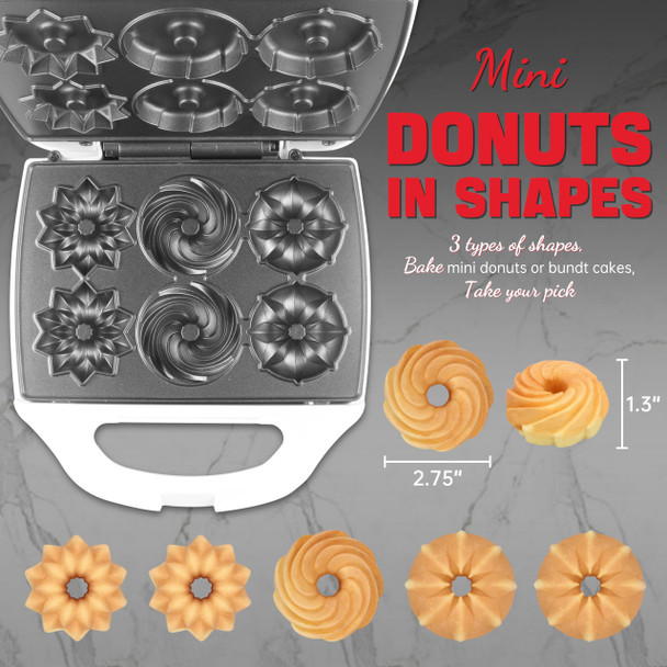 SugarWhisk Mini Donut Maker Machine Electric Mini Bundt Cake Pan Bake 6 Bundt Doughnuts with 3 Shapes Excellent for Breakfast Snacks Desserts  More