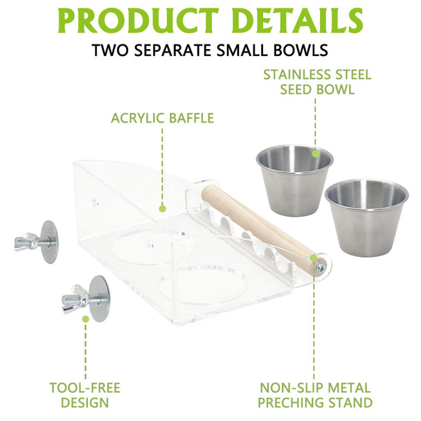 Bnosdm Bird Feeder For Cage With Stainless Steel Food & Water Bowl Acrylic Parakeet Seed Dishes With Anti-Slip Perch Stand For Parrot Cockatiel Lovebird Canary FinchConureCockatoo Pigeon