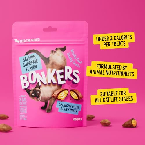 Bonkers Cat Bites Crunchy & Soft Salmon Supreme Flavor Treats Low Calorie Training Or Food Topper 3 Oz Resealable Bag For All Breeds And Ages Value Pack (10 Pack)