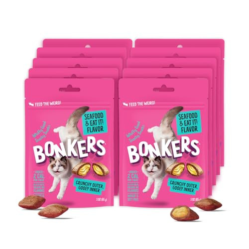 Bonkers Cat Bites Crunchy & Soft Seafood & Eat It Flavor Treats Low Calorie Training Or Food Topper 3 Oz Resealable Bag For All Breeds And Ages Value Pack (10 Pack)