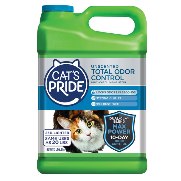 Cat'S Pride Max Power: Total Odor Control - Up To 10 Days Of Powerful Odor Control - Strong Clumping - Hypoallergenic - 99% Dust - Multi-Cat Litter Unscented 15 Pounds