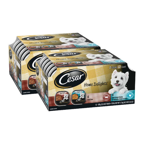 Cesar Home Delights Adult Wet Dog Food Pot Roast With Spring Vegetables Beef Stew Turkey Green Beans & Potatoes And Hearty Chicken & Noodle Variety Pack 3.5 Oz. (24 Count Pack Of 1)