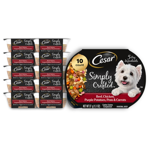 Cesar Simply Crafted Adult Wet Dog Food Meal Topper Beef Chicken Purple Potatoes Peas & Carrots 1.3Oz. (10 Count Pack Of 1)
