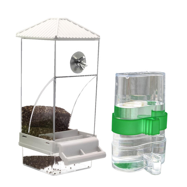 Chuyouan No Mess Bird Feeder Water Dispenser Set Automatic Parrot Feeder For Cage Transparent Acrylic Food Container Drinker Cage Accessories Parakeet Cockatiel Lovebird Finch