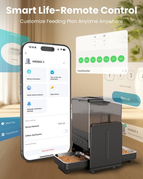 Cityflee Automatic Cat Feeder For 2 Cats 5L/20 Cups Food Dispenser With Adjustable Raised Double Bowls Detachable Control Panel Timed Cat And Dogs Feeder For Dry Food Dual Power Supply