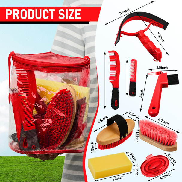 Cunhill 9 Pieces Horse Grooming Kit Tack Room Supplies Set With Organizer Tote Bag Oval Massage Curry Hard And Soft Brush Hoof Pick Sweat Scraper Bathing Sponge Combs For Horse Riders Beginners (Red)