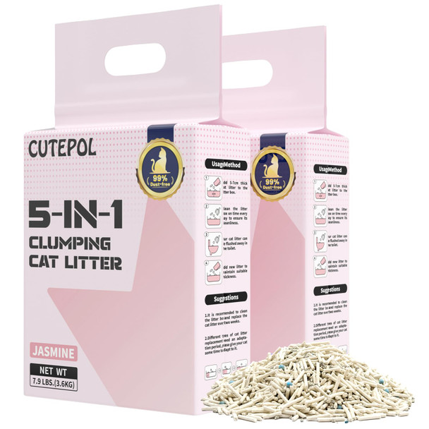 Cutepol Mixed 5-In-1 Clumping Cat Litter 15.8 Lb Odor Control And Rapid Clumping Water Absorbent And Flushable Dust- Multi-Cat Bentonite Tofu And Cassava Cat Litter Jasmine 7.9Lb/Bag