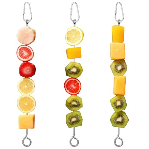 Elevatetech 3Pcs Bird Food Holder Stainless Steel Small Animal Bird Food Treats Skewer Hanging Vegetable Fruit Feeder Feed Treating Tool Suitable Parrots Cockatoo Cockatiel (Silver)