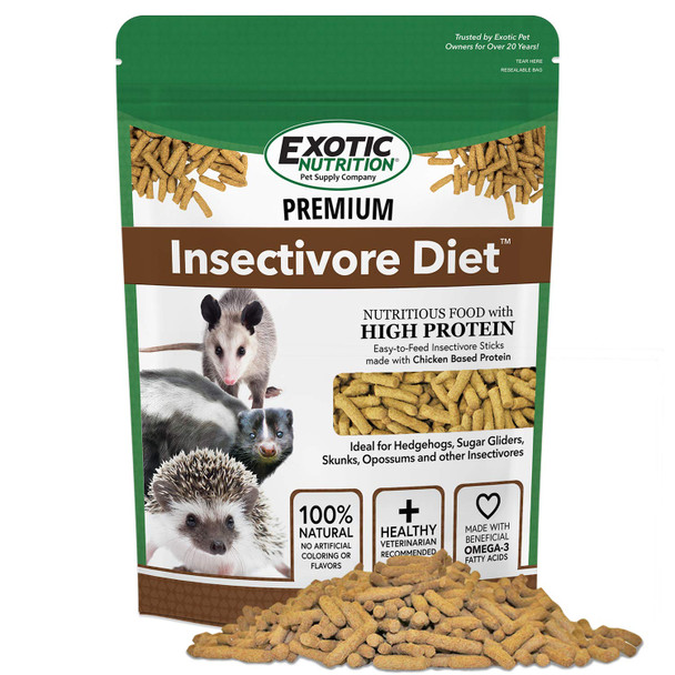 Exotic Nutrition Premium Insectivore Diet (1.25Lb) - Healthy Nutritious Chicken Based High Protein Pellet Diet - For Sugar Gliders Hedgehogs Opossums Skunks & Other Insectivores