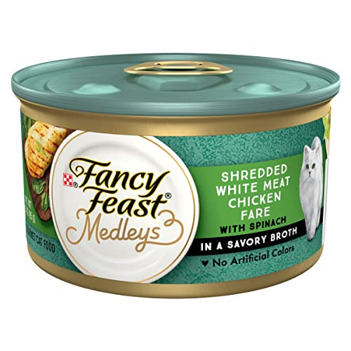 Fancy Feast Purina Wet Cat Food Medleys Shredded White Meat Chicken Fare With Spinach In Savory Cat Food Broth - (Pack Of 24) 3 Oz. Cans