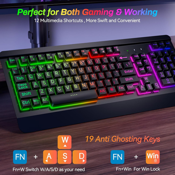 Large Print Rainbow Backlit Gaming Keyboard, Wired USB Light Up Computer Keyboard with Big Letters Keys,12 Multimedia Keys, Wrist Rest, All-Metal Panel,Full Size Keyboard, for PC,Laptop Large Print Rainbow Backlit Gaming Keyboard, Wired USB Light Up Computer Keyboard with Big Letters Keys,12 Multimedia Keys, Wrist Rest, All-Metal Panel,Full Size Keyboard, for PC,Laptop