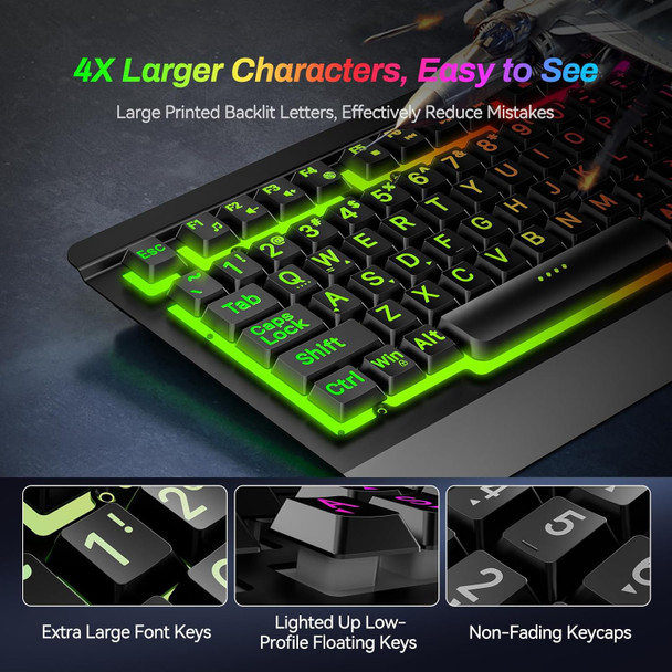 Large Print Rainbow Backlit Gaming Keyboard, Wired USB Light Up Computer Keyboard with Big Letters Keys,12 Multimedia Keys, Wrist Rest, All-Metal Panel,Full Size Keyboard, for PC,Laptop Large Print Rainbow Backlit Gaming Keyboard, Wired USB Light Up Computer Keyboard with Big Letters Keys,12 Multimedia Keys, Wrist Rest, All-Metal Panel,Full Size Keyboard, for PC,Laptop