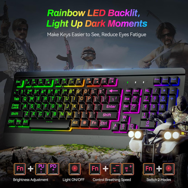 Large Print Rainbow Backlit Gaming Keyboard, Wired USB Light Up Computer Keyboard with Big Letters Keys,12 Multimedia Keys, Wrist Rest, All-Metal Panel,Full Size Keyboard, for PC,Laptop Large Print Rainbow Backlit Gaming Keyboard, Wired USB Light Up Computer Keyboard with Big Letters Keys,12 Multimedia Keys, Wrist Rest, All-Metal Panel,Full Size Keyboard, for PC,Laptop