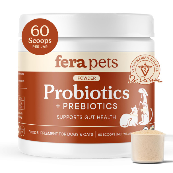 Fera Pets Probiotics For Dogs & Cats With Prebiotics - Usda Organic - Gut Health Powder Supplement With 12 Strains And 5 Billion Cfus - Supports Immunity Energy And Skin & Coat - 60 Scoops