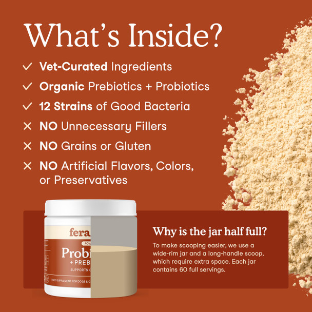 Fera Pets Probiotics For Dogs & Cats With Prebiotics - Usda Organic - Gut Health Powder Supplement With 12 Strains And 5 Billion Cfus - Supports Immunity Energy And Skin & Coat - 60 Scoops