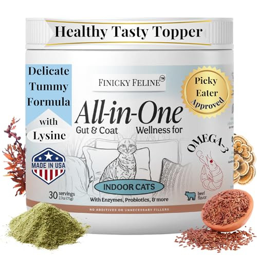 Finicky Feline Nutritional Supplement With Multivitamins For Indoor Cats Omega 3 Oil Krill Flax Kelp L-Lysine Probiotics & Fiber For Digestive Support Hairballs Skin & Coat Cat Dental Care Food Topper