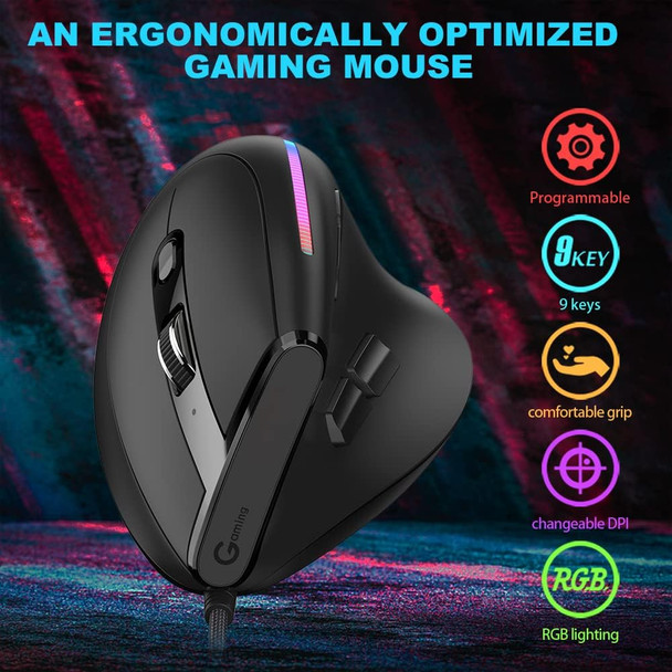AFUNTA 12800 DPI RGB Gaming Mouse, Ergonomic Mouse Optical Wired Vertical Mouse with 9 Programmable Buttons, for Gamer PC Laptop(T50)