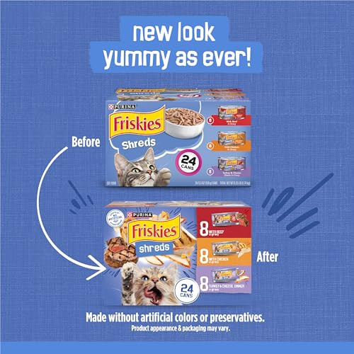 Friskies Purina Gravy Wet Cat Food Variety Pack Shreds With Beef With Chicken And Turkey And Cheese Dinner - (Pack Of 24) 5.5 Oz. Cans
