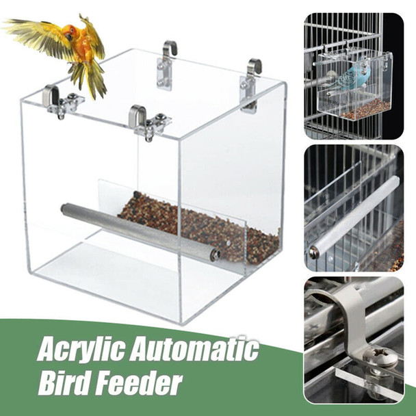 Gurecod Automatic Bird Feeder No Mess Bird Cage Pet Feeder Seed Food Container For Parakeet Canary Cockatiel Parrot Finch Canary Acrylic (5.1 X 5.1 X 4.3 Inch)