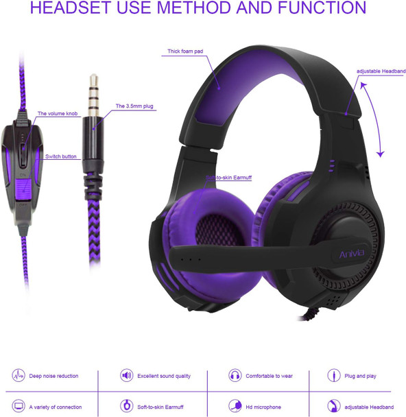 Anivia Computer Wired Over Ear Headphones Updated AH68 Stereo Surround Sound Headsets Gaming Headset with HD Mic, Volume Control, Noise Isolating, Bass, 3.5mm Audio-Jack for Multi-Platforms, Purple Anivia Computer Wired Over Ear Headphones Updated AH68 Stereo Surround Sound Headsets Gaming Headset with HD Mic, Volume Control, Noise Isolating, Bass, 3.5mm Audio-Jack for Multi-Platforms, Purple