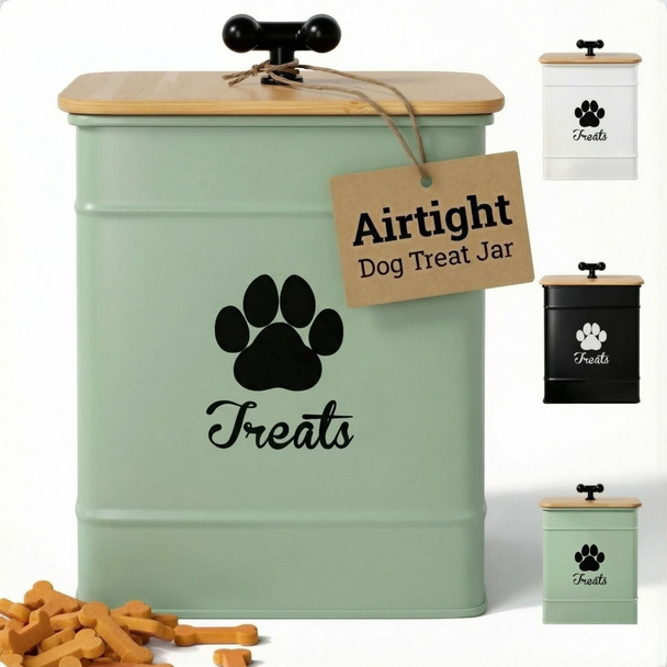 Hb Design Co. Dog Treat Container Airtight - 6 Inch Wide X 8 Inch Tall Iron Dog Treat Jar For Kitchen Counter With Airtight Bamboo Lid - 12 Cup Capacity Pet Treat Container - Doggie Cookie Jar - Big Treats Canister