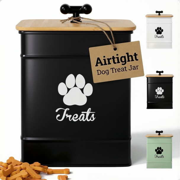 Hb Design Co. Dog Treat Container Airtight - 6 Inch Wide X 8 Inch Tall Iron Dog Treat Jar For Kitchen Counter With Airtight Bamboo Lid - 12 Cup Capacity Pet Treat Container - Doggie Cookie Jar - Big Treats Canister