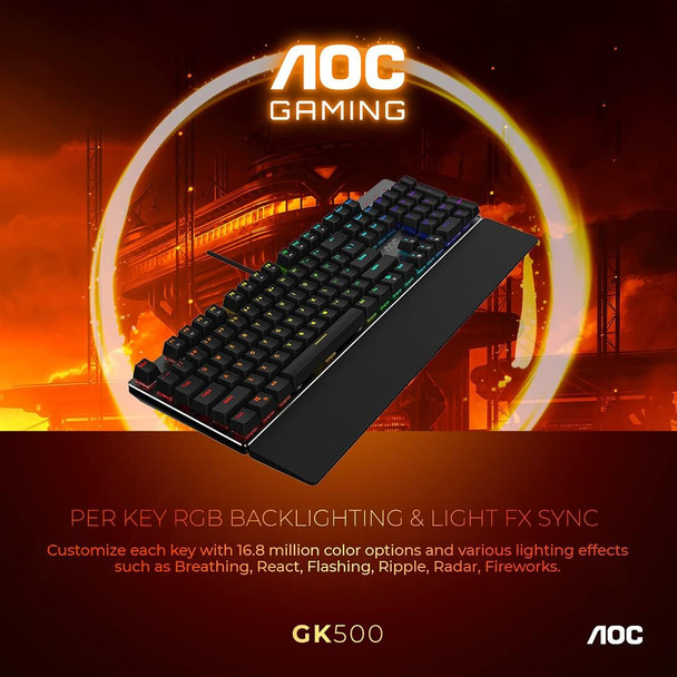 AOC Gaming Full RGB Mechanical Keyboard, 104-Key Outemu Blue Switches, Full NKRO, Detachable Wrist Rest, Light FX RGB, G-Menu Software (GK500)