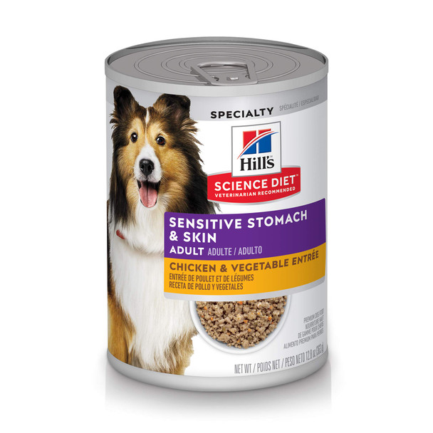 Hill'S Science Diet Sensitive Stomach & Skin Adult 1-6 Stomach & Skin Sensitivity Support Wet Dog Food Chicken & Vegetables Loaf 12.8 Oz Can Case Of 12
