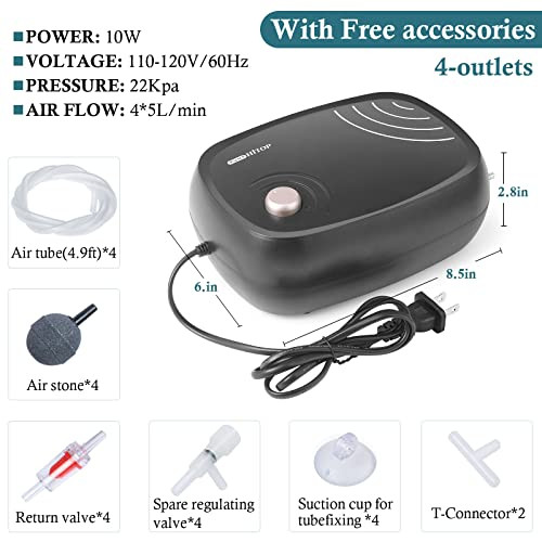 Hitop 10W Powerful Aquarium Air Pump: 4-Outlets 320Gph Air Pump For Fish Tank Quiet Aquarium Aerator With Completely Accessories For Tank/Hydroponic/Pond Oxygenation