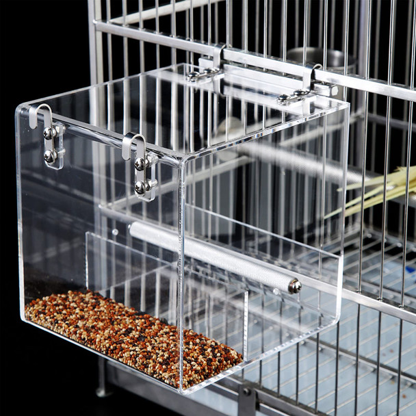 Hosukko No Mess Bird Feeder For Cage - Automatic Bird Feeder Transparent Food Container Acrylic No Spill Cage Seed Catcher With Stainless Steel Hooks For Parrot Parakeet Cockatiels Lovebirds