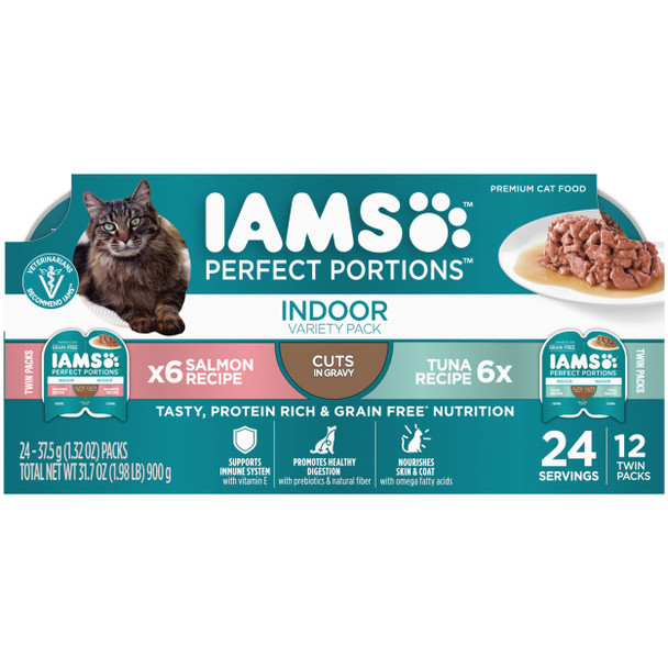 Iams Perfect Portions Indoor Adult Wet Cat Food Cuts In Gravy Variety Pack Salmon And Tuna Recipes 2.6 Oz. Easy Peel Twin-Pack Trays (12 Count 24 Servings)
