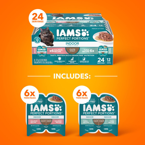 Iams Perfect Portions Indoor Adult Wet Cat Food Cuts In Gravy Variety Pack Salmon And Tuna Recipes 2.6 Oz. Easy Peel Twin-Pack Trays (12 Count 24 Servings)