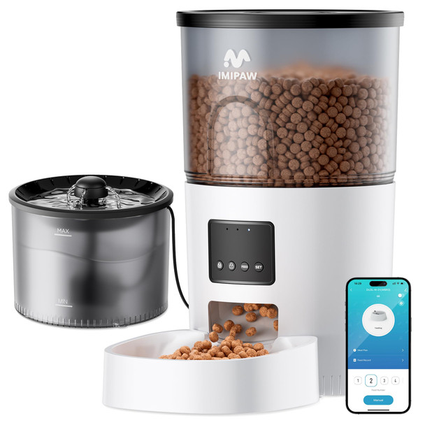 Imipaw 5G Wifi Automatic Cat Feeder And Water Dispenser Timed Dry Food Dispenser App Remote Control Programmable Portions With Desiccant Cat Fountains For Drinking With Filter Small Pets (Combo)