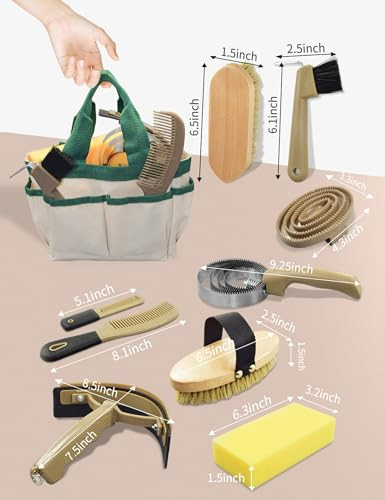 Inoreal Professional 9 Piece Horse Grooming Kit With Tote Bag Horse Brush & Curry Comb Set For Effective Grooming And Bathing Equine Coat Care Tack Room Supplies Horse S For Girls